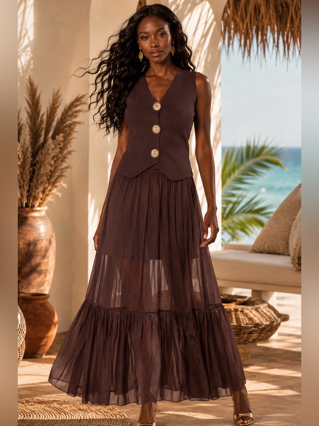 Brown Sheer Tiered Maxi Skirt With Buttoned Vest Top